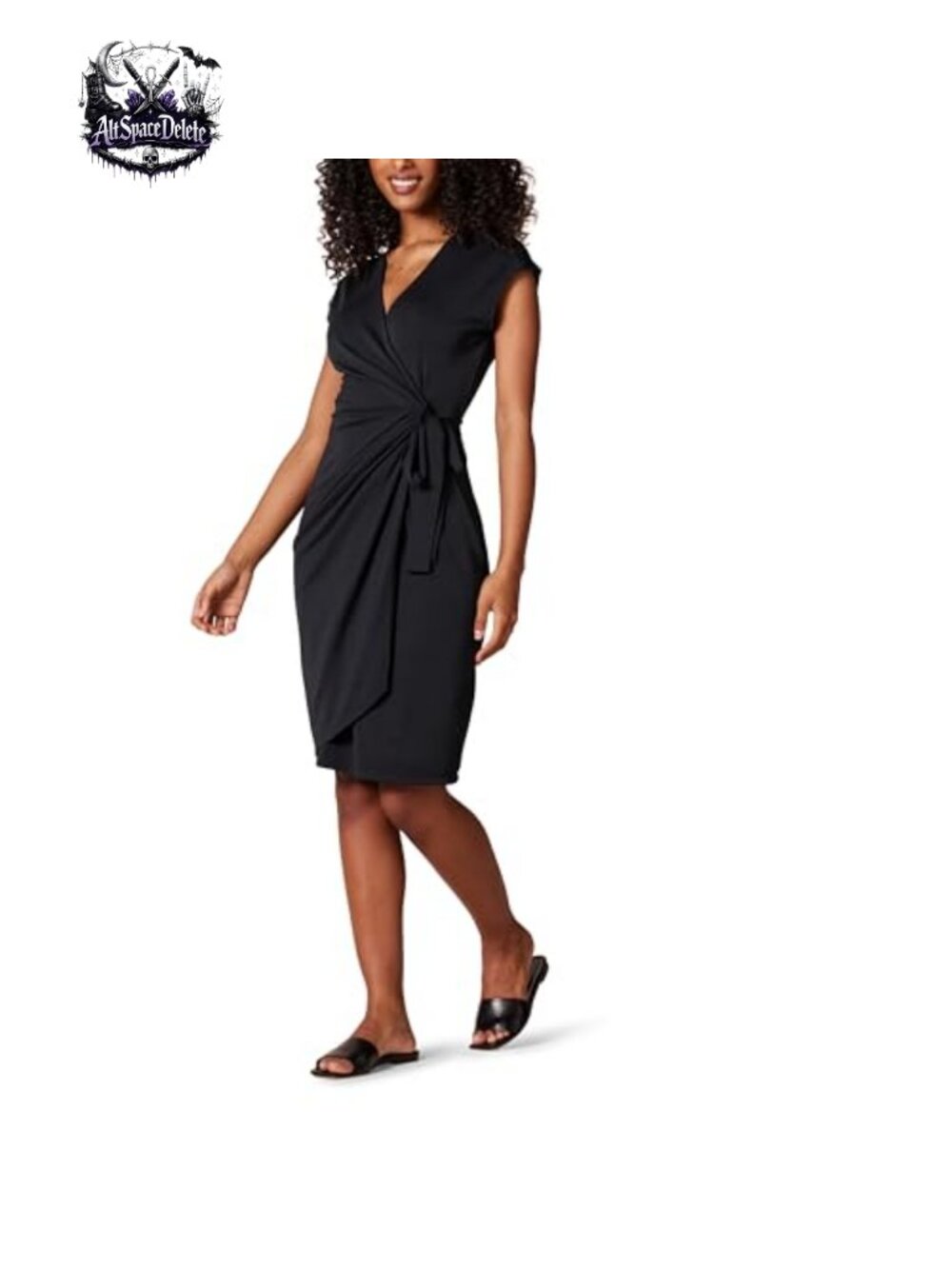 Women's Classic Cap Sleeve Wrap Dress V Neck Pleated Waist Knee Length